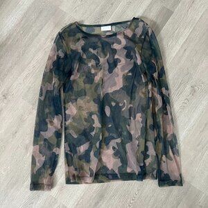 VILA Green camouflage Sheer Mesh Layering Goth Punk Sz M